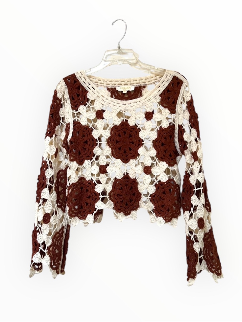 Rebellion Granny Square Cropped Sweater Brown Cream Size M